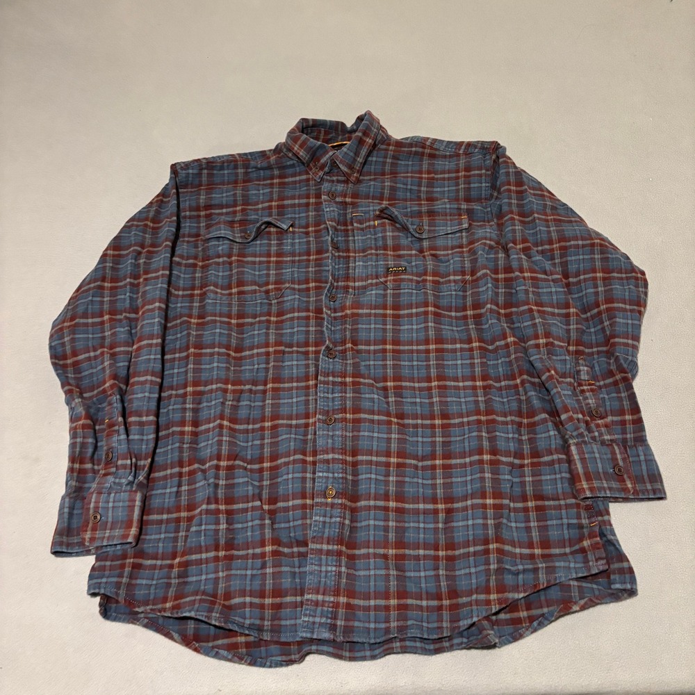 Ariat Rebar Mens XL Blue Burgundy Plaid DuraStretch Flannel Work Shirt  Workwear
